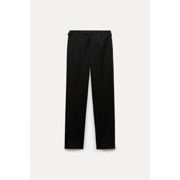 Black Zara Side-Waist Buckle Wool Blend Straight Leg Tuxedo Pants (NWT) - Picture 1 of 8